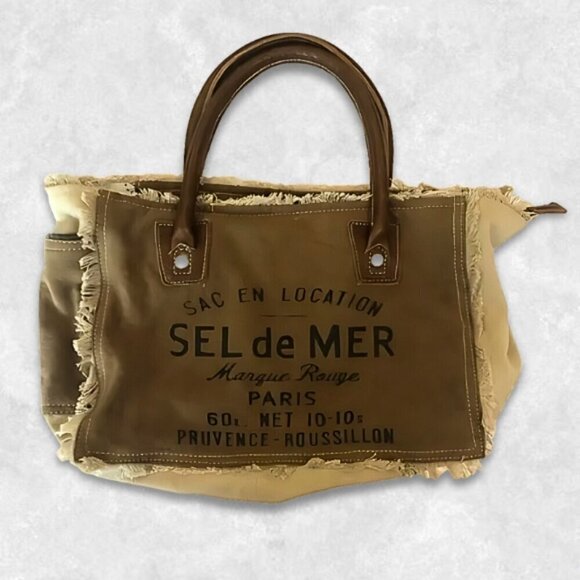 Myra Bag Sel De Mer Tote Bag Canvas Leather Frayed Edges Boho Brown/Cream W OS - Picture 2 of 14